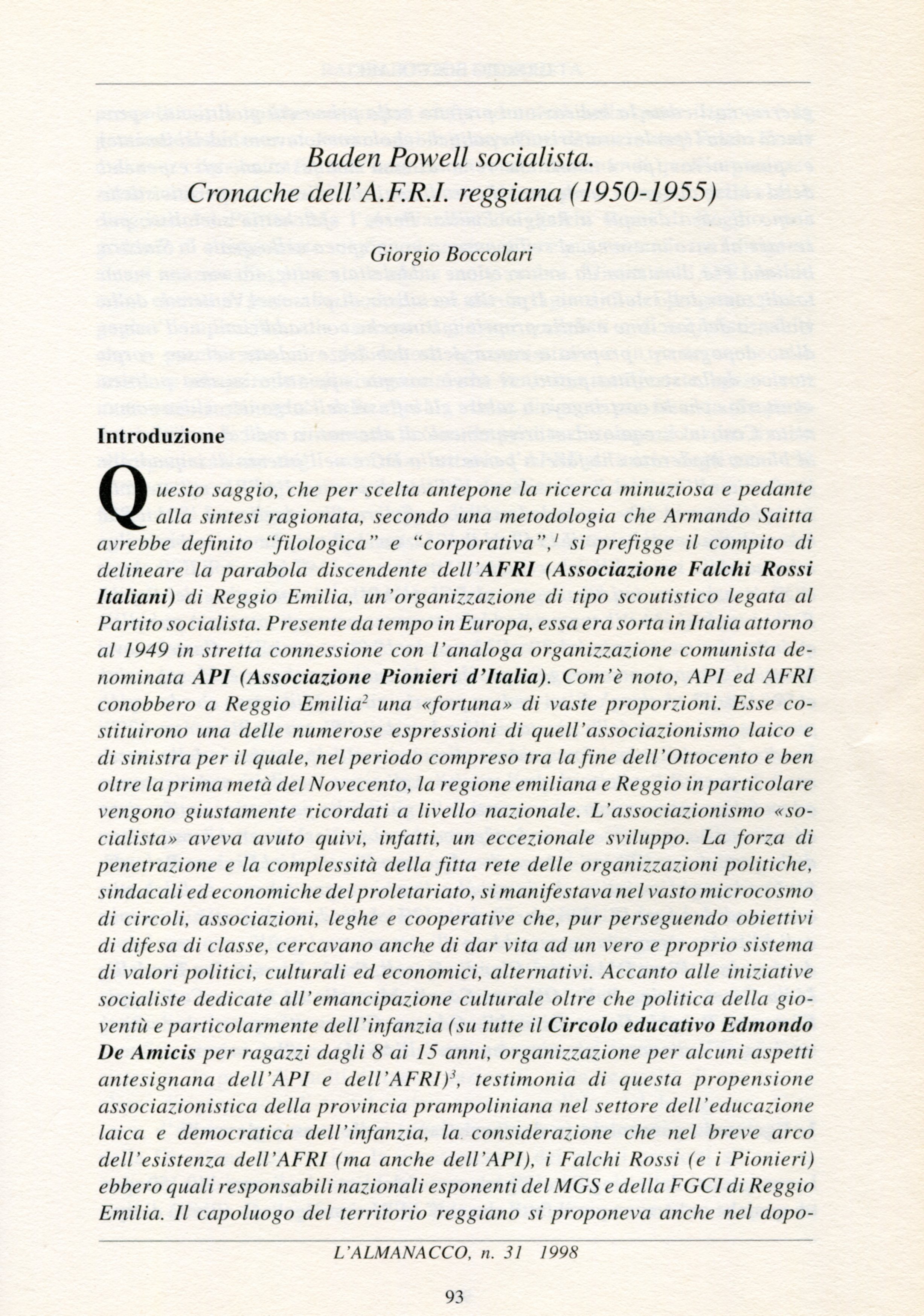 Baden Powell socialista. Cronache dell AFRI reggiana 1950 1955 di Boccolari Giorgio