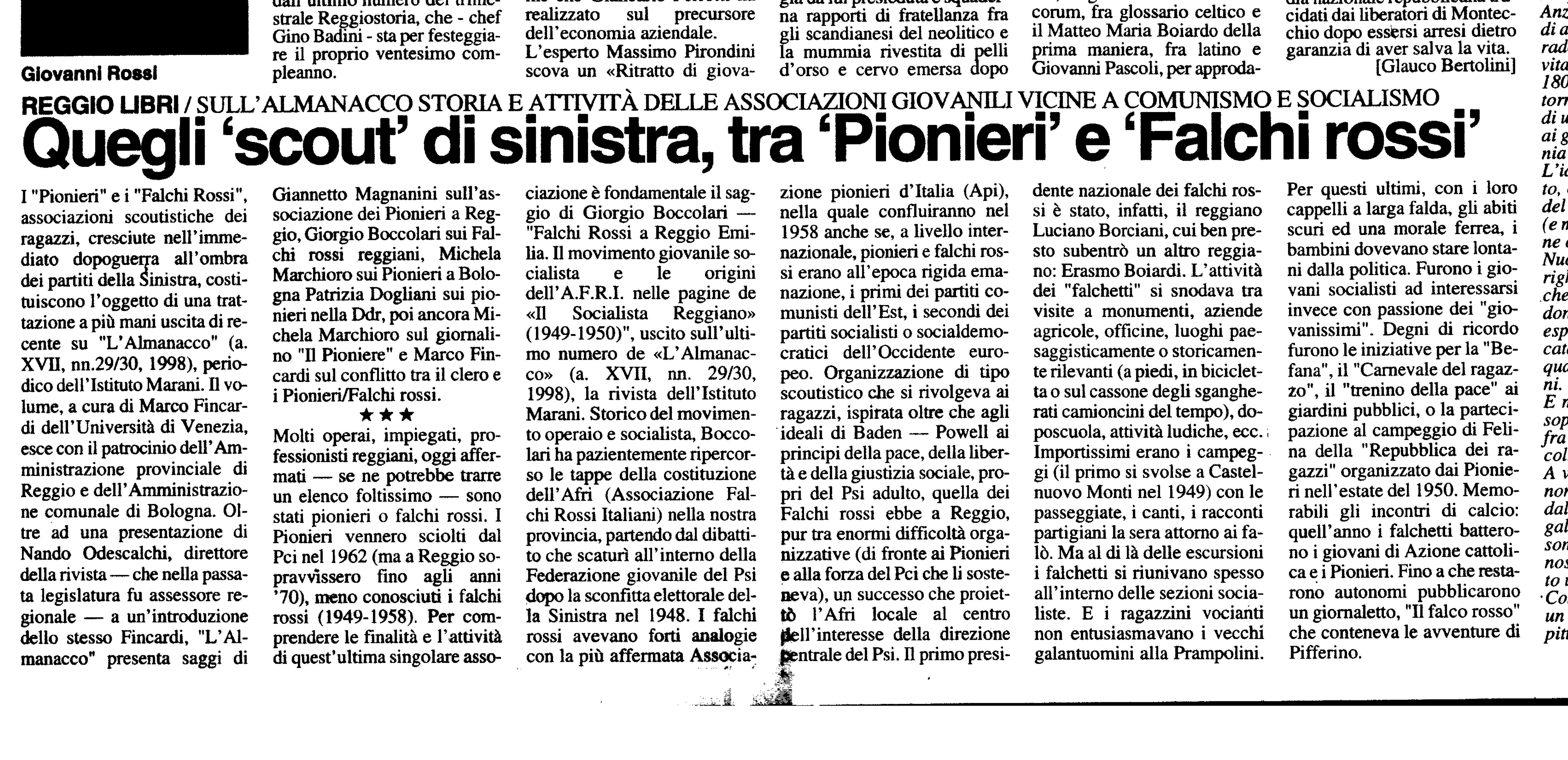 Quegli scout di sinistra di Giorgio Boccolari Resto del Carlino 11 5 1998