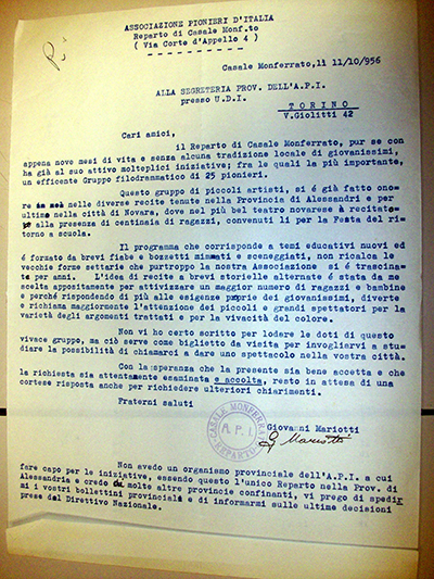 lettera del reparto Casale Monferrato 1956 Documento della Fondazione Istituto Piemontese Antonio Gramsci di Torino