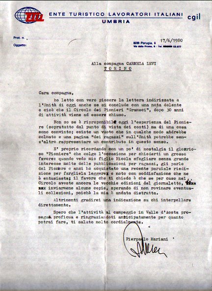 Lettera del 1980 di Pierpaolo Mariani