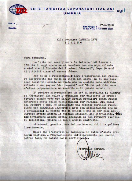 Lettera del 1980 di Pierpaolo Mariani