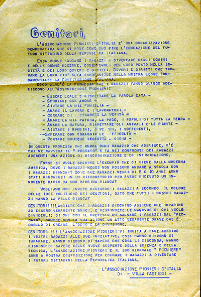 lettera del circolo API di Villa Fastigi anni 50