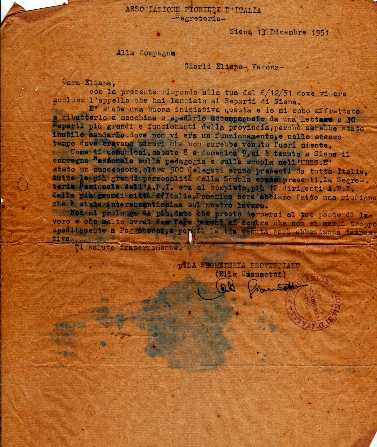 Lettera dell API Provinciale Siena 13.12.1951