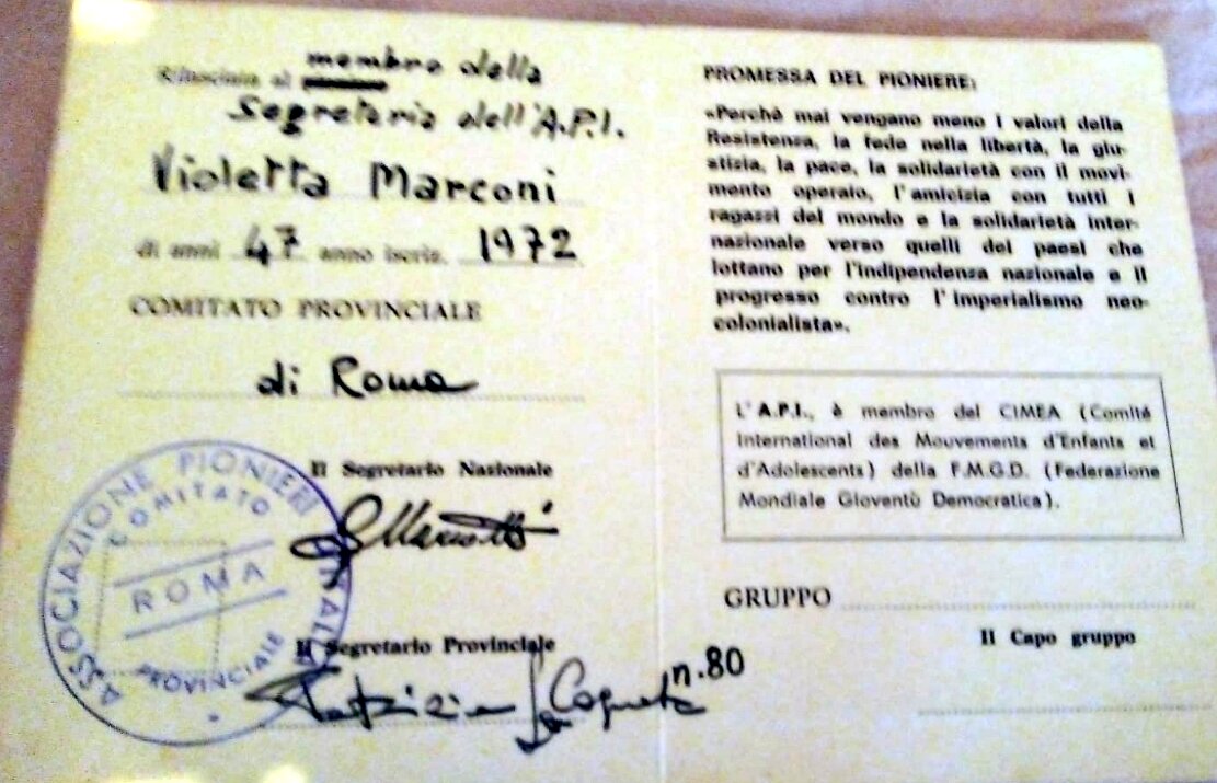 Tessera di Violetta Marconi segretaria proviciale API Roma 1973