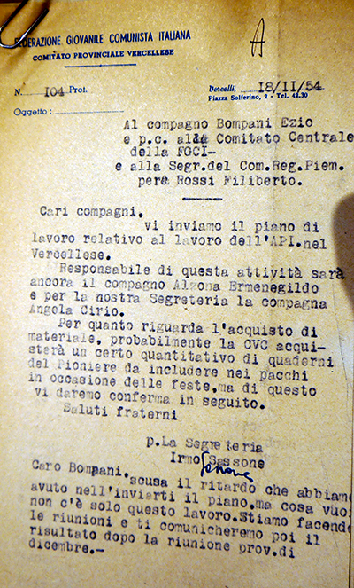 lettera educazione giovanile del comitato di vercelli 1954 Documento della Fondazione Istituto Piemontese Antonio Gramsci di Torino