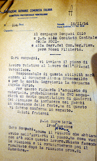 lettera educazione giovanile del comitato di vercelli 1954 Documento della Fondazione Istituto Piemontese Antonio Gramsci di Torino